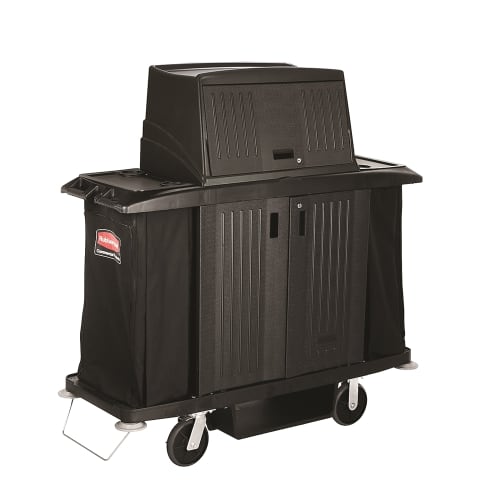 Chariot d’entretien ménager grand format Rubbermaid Executive avec couvercle et portes, traditionnel, noir